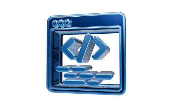Coding Window Icon: A 3D rendering of a metallic blue computer window icon, displaying abstract code symbols, representing software development and programming.
