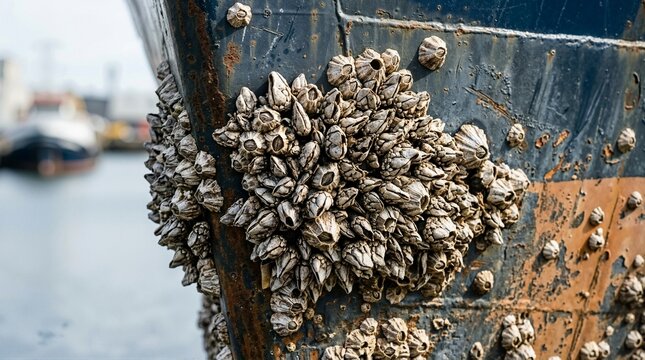 Dense cluster of barnacles growing on the rusty painted metal hull of a ship. Marine biofouling and maritime maintenance concept