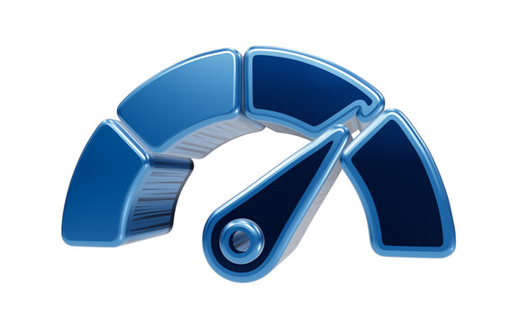 Speedometer Icon: A modern, 3D rendered speedometer icon in metallic blue, symbolizing speed, performance, and measurement, with the needle indicating a high level.