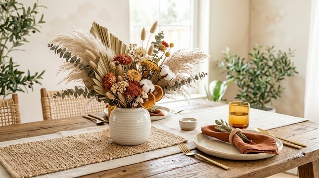 Boho style dining table setting with a large dried floral arrangement in a ceramic vase. Autumn interior decor with pampas grass and warm colors