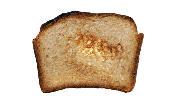 Isolated single slice of delicious classic white bread toast, golden brown and slightly burnt.