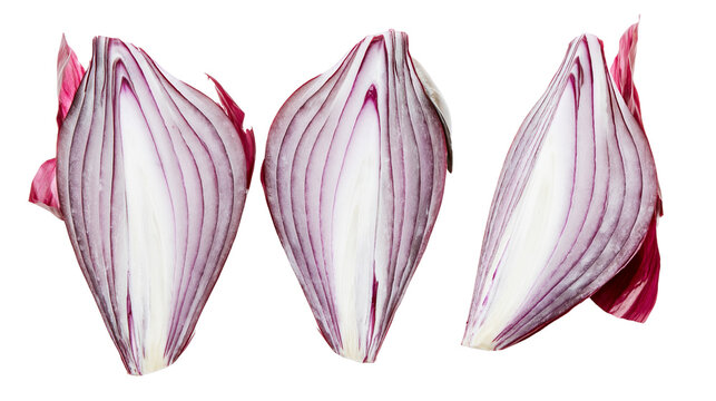Isolated fresh vibrant red onion halves sliced lengthwise revealing natural layers and rich texture