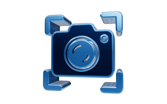 Camera Icon Symbol: A 3D blue camera icon with a lens and flash, surrounded by framing corner brackets, signifying photography, recording, or visual media.
