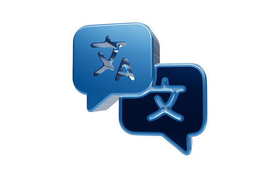 Translation Symbol: A modern 3D illustration representing language translation, with two chat bubbles displaying symbols and characters from different alphabets.