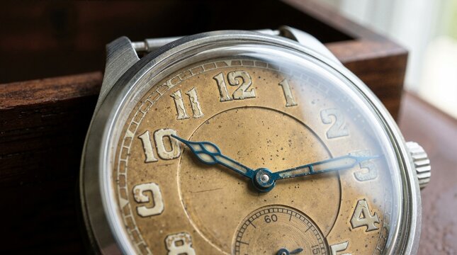 Close-up of a vintage watch face with faded dial and peeling painted numbers. Antique silver timepiece with blue hands resting on a wooden box. Macro photography of old mechanical analog clock
