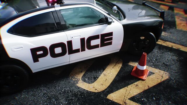 Police Car with Flashing Lights Near Police Department Building. Realistic 4k animation.