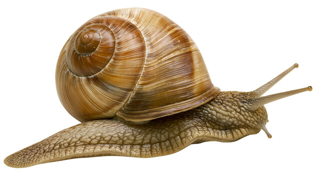 Isolated common garden snail crawling slowly, showcasing its textured body and spiral shell
