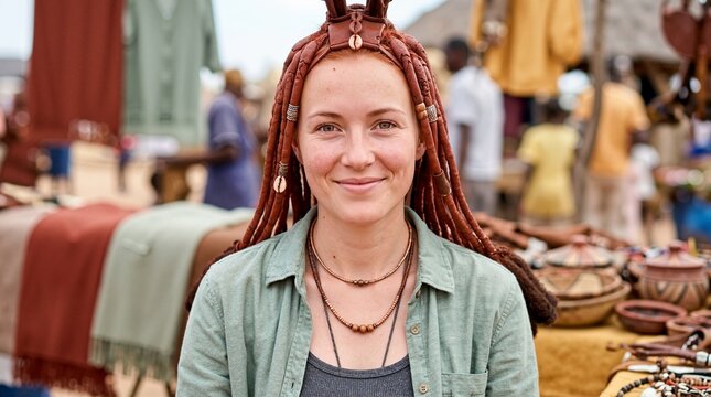 Portrait of a smiling woman with traditional Himba red ochre dreadlocks. Female tourist wearing beaded necklaces at an outdoor African market