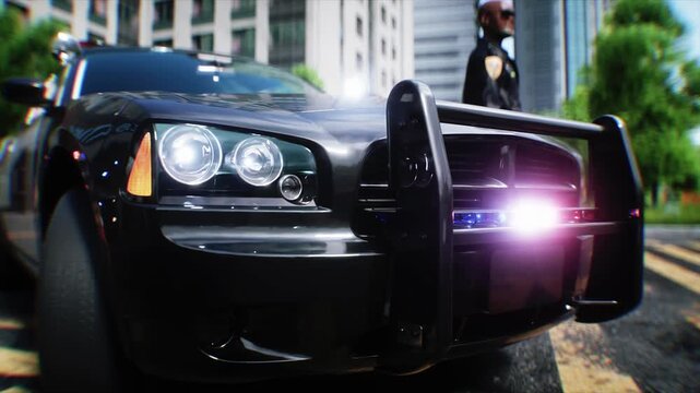 Police Car with Flashing Lights Near Police Department Building. Realistic 4k animation.