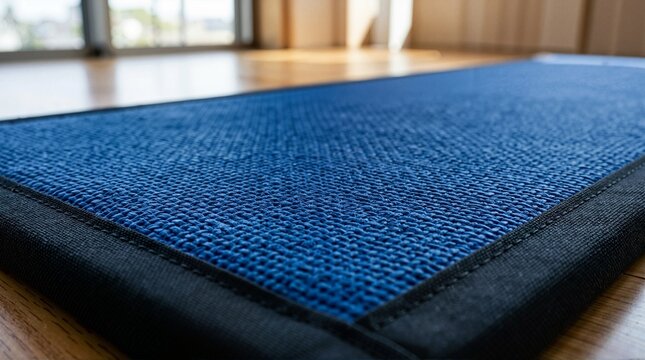 Close up of blue judo mat surface texture. Martial arts tatami padding with black border on wooden floor in a dojo