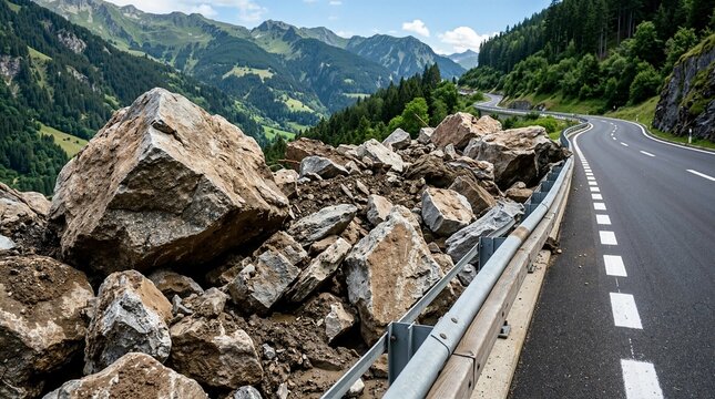 Massive landslide blocking a mountain highway. Large rocks and boulders crushing guardrail on a paved road after natural disaster