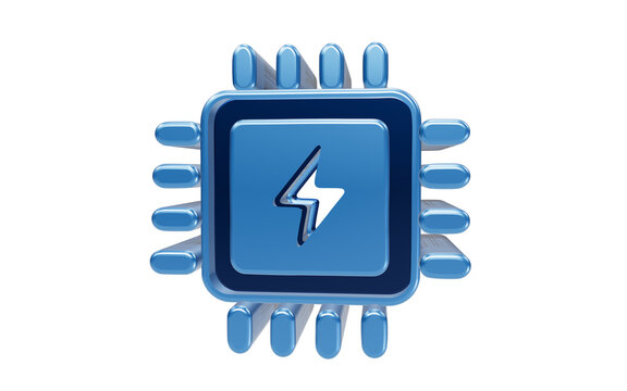 Blue Lightning Chip Icon: A futuristic blue icon representing a microchip with a lightning bolt symbol, symbolizing power, speed, and technology.