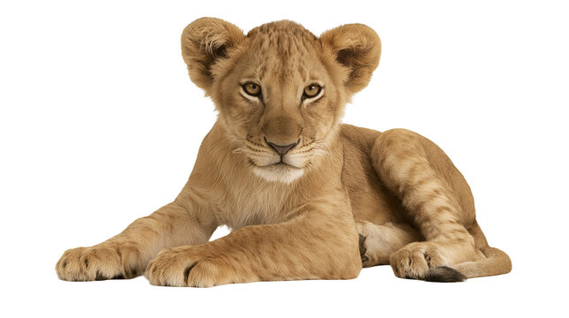 Isolated portrait of an adorable young African lion cub lying down, looking at the camera