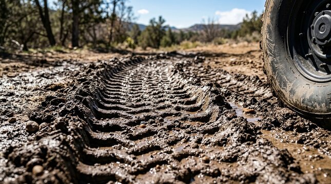 Deep tire tracks in wet mud on off road trail. Close up of large muddy wheel of heavy vehicle on dirt path. Outdoor adventure and rough terrain concept