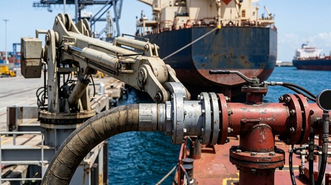 Oil tanker loading arm connection. Industrial fuel transfer hose at a port terminal with cargo ship