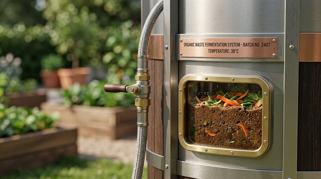 Organic waste fermentation system in a garden. Close up of digester tank with compost window. Eco friendly recycling concept