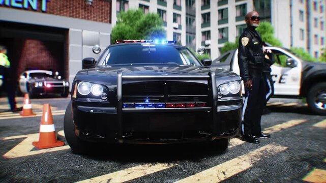 Police Car with Flashing Lights Near Police Department Building. Realistic 4k animation.