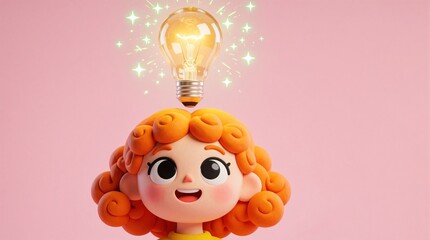 Fototapeta premium Cute cartoon child gets bright idea with light bulb above head. Cheerful character on pink background shines with inspiration and innovation for new concepts and solutions.