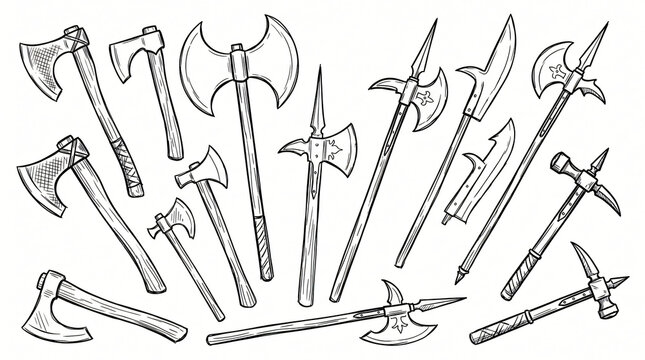 Historical Battle Axe Halberd Line Art Doodle Illustration Bundle Hand Drawn Double Headed Executioner Axe Viking Hatchet Polearm War Hammer Contour White Background Completely Textless
