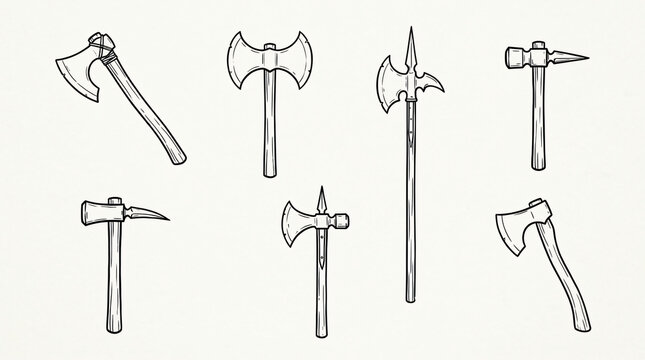 Historical Battle Axe Halberd Line Art Doodle Illustration Bundle Hand Drawn Double Headed Executioner Axe Viking Hatchet Polearm War Hammer Contour White Background Completely Textless