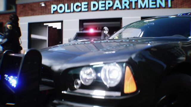 Police Car with Flashing Lights Near Police Department Building. Realistic 4k animation.