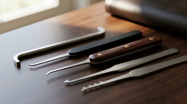 Professional lock picking tools on a wooden table. Close-up of locksmith picks and tension wrench. Security and bypass concept