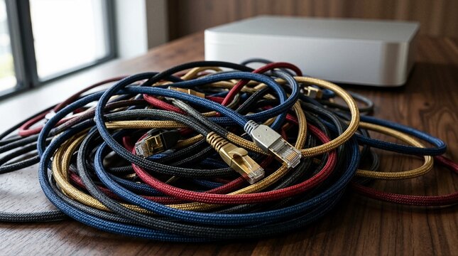 Tangled pile of colorful braided ethernet cables on a wooden desk. Network connection mess and IT hardware. Internet cables with RJ45 connectors