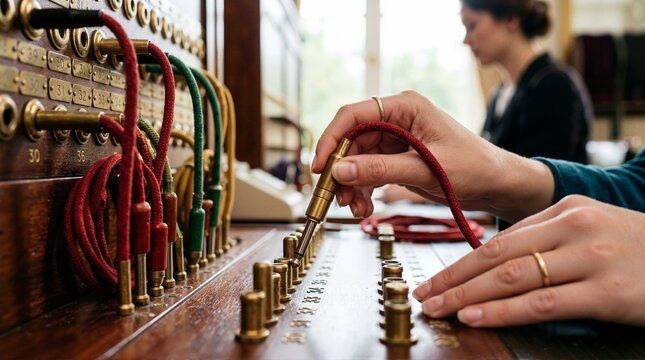 Female operator plugging a cord into a vintage telephone switchboard. Retro telecommunication system and manual connection. Close up of hands working on antique switchboard