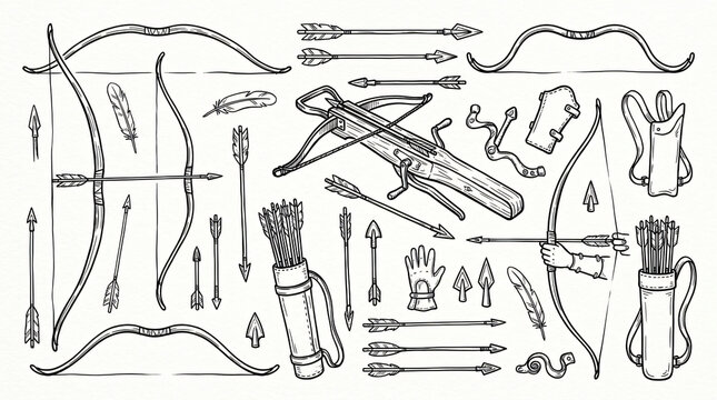 Historical Archery Crossbow Hand Drawn Line Art Doodle Pack Longbow Wooden Crossbow Bolt Feather Arrow Quiver Contour Retro Style White Background Completely Textless Zero Lettering
