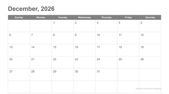 Minimalist calendar planner grid with clear grey headers showing December 2026 dates, concept for corporate planning and long-term finance timeline management, ideal for business scheduling and