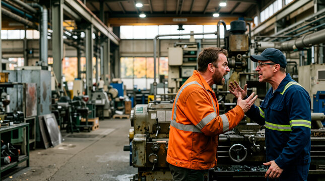 Two angry industrial workers arguing in a factory. Male colleagues yelling at each other on the manufacturing plant floor. Workplace conflict and labor dispute concept