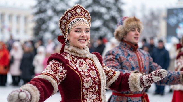 Smiling woman in traditional Russian winter costume dancing at a festival. Close up of dancers in embroidered red and blue coats with fur trim