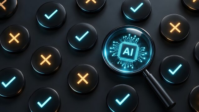Artificial intelligence fact checking concept with magnifying glass focusing on AI microchip among check and cross buttons