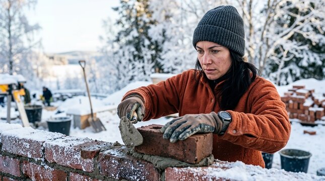 Female bricklayer working in winter conditions. Woman construction worker laying red bricks with mortar in the snow. Masonry work on outdoor site