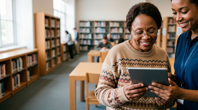 Senior Black woman learning to use a digital tablet in a library. Helpful young librarian assisting an older female patron with technology. Digital literacy and community support concept