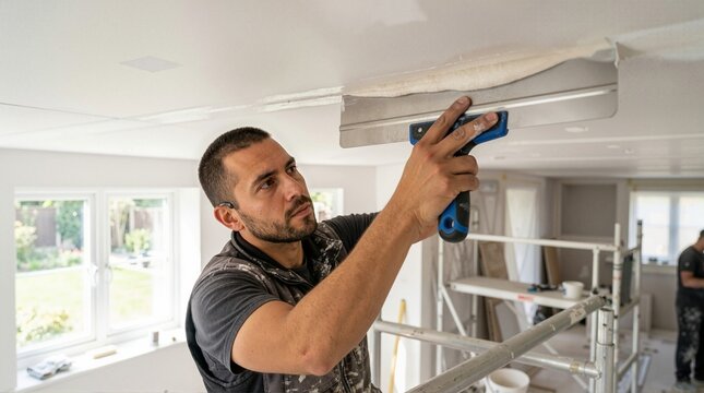 Drywall taper applying joint compound to ceiling seam. Male plasterer using large taping knife for interior ceiling finishing. Home renovation work