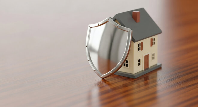 House model protected by a shiny metallic shield standing on a polished wooden desk representing home insurance and security concepts