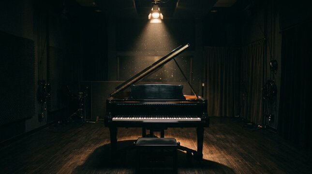 Black grand piano centered in a dim studio, polished ebony reflecting a single overhead spotlight, deep shadow, dramatic moody musical atmosphere, classical performance instrument