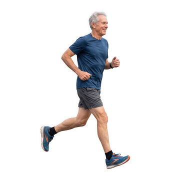 Active senior man jogging in sportswear isolated on transparent background