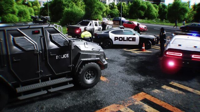 Police Car with Flashing Lights Near Police Department Building. Realistic 4k animation.