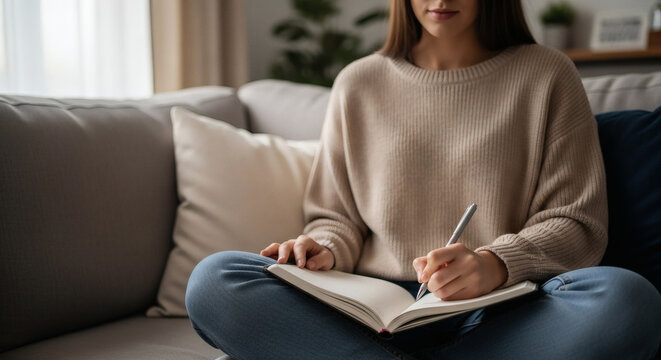 Young woman writing in a notebook while sitting comfortably on a grey sofa in a bright modern home interior