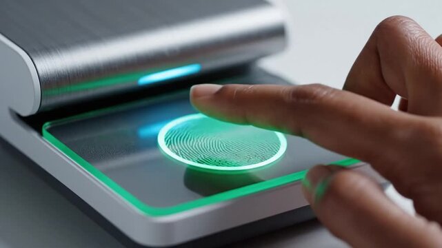 Adult hand scans fingerprint on glowing biometric reader, then green and blue light confirm access in futuristic security setup. Close up hand stays poised over sleek metal scanner, focused