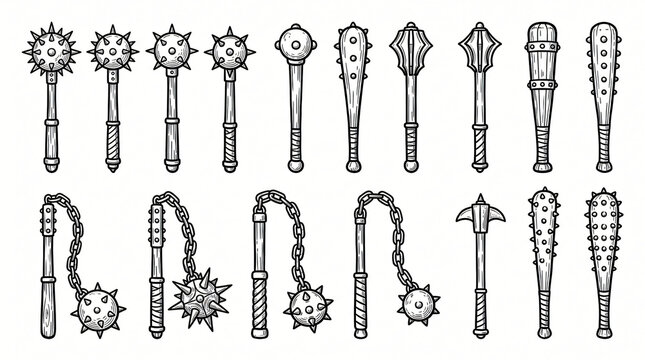 Medieval Mace Flail Weapon Line Art Doodle Diagram Collection Hand Drawn Spiked Morning Star War Club Heavy Flail Chain Bludgeon Minimal Line White Background Completely Textless Words