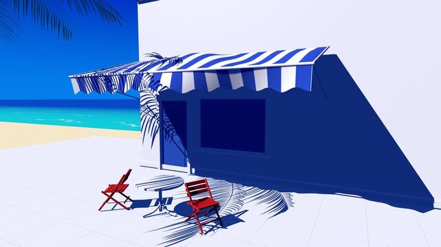 Closed seaside cafe with a blue and white striped awning waving above red chairs, palm shadows and turquoise ocean, retro summer seamless loop