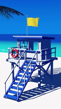White lifeguard tower with blue stairs, red life ring and a waving yellow flag beside a turquoise sea, retro summer vertical seamless loop
