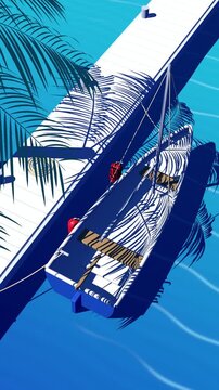Blue sailboat with red fenders rocks beside a white wooden pier with palm shadows and turquoise water, retro summer vertical seamless loop