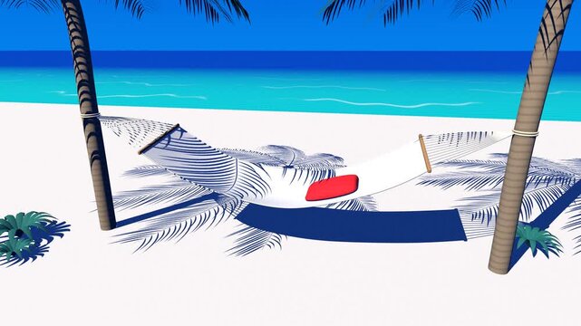 White hammock with a red pillow sways between palm trees above sunlit sand beside a turquoise sea, relaxing retro summer beach seamless loop