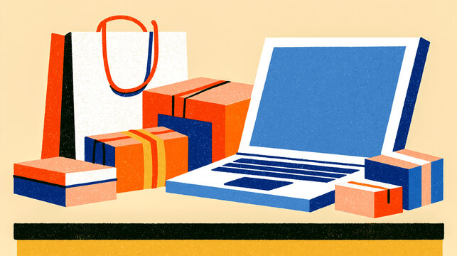 Retro risograph online shopping on a laptop with parcels / vintage poster

