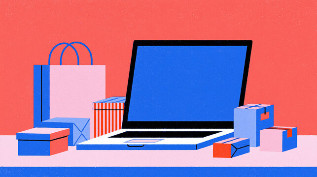 Retro risograph online shopping on a laptop with parcels / vintage poster

