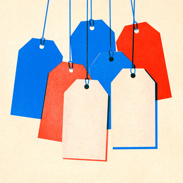 Retro risograph blank hanging price tags with string / vintage design asset

